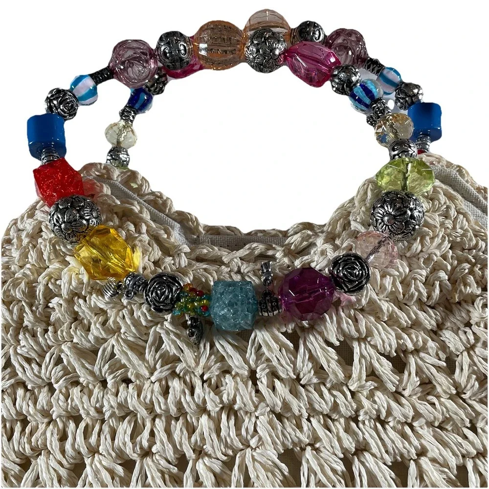 Boho‎ Woven Straw Handbag w/ Multicolor Beaded Handle Blue Miami